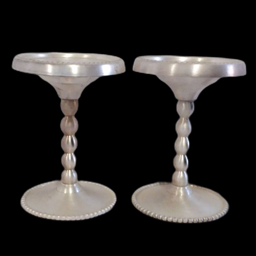 Vintage Pair Pillar/Taper Candle Holders Silver-Toned Ball Stem Bead Edge 6"x4"